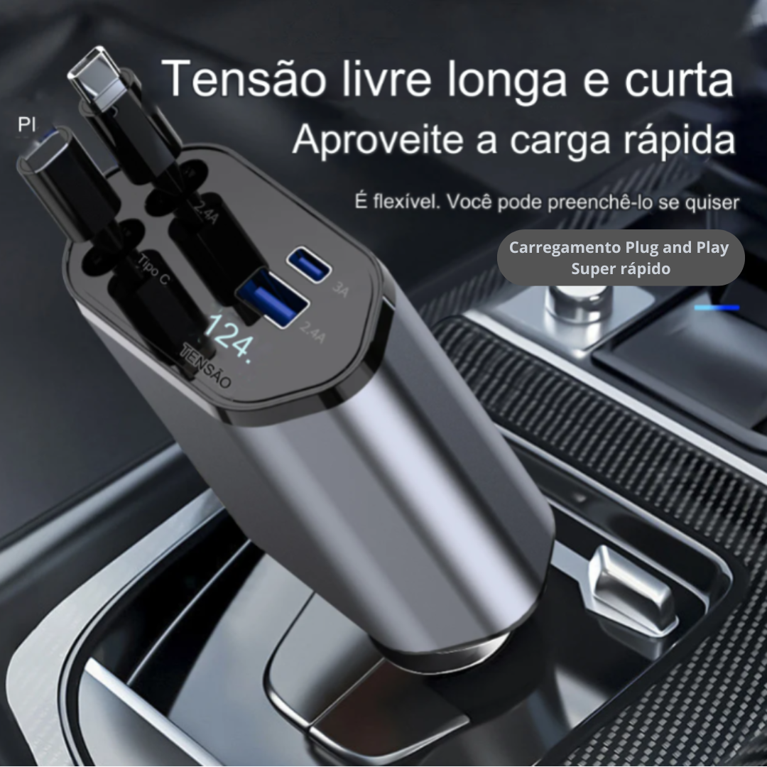 Carregador Turbo 4 em 1 Automotivo com Cabos Retráteis